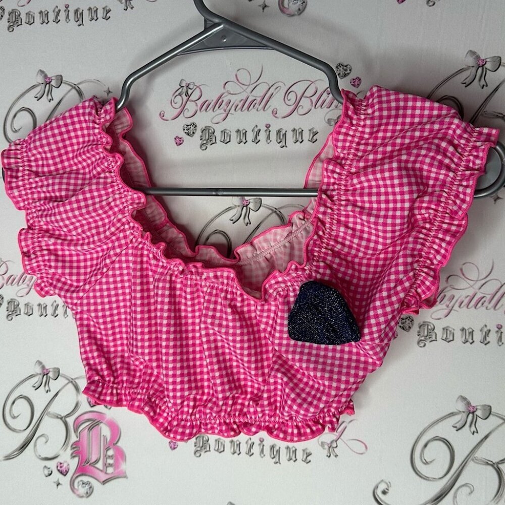 Tank crop milkmaid style bathing suit material pink Gingham Babydoll Top